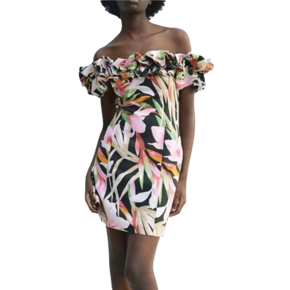 H&M Floral Off-Shoulder Mini Dress - Black, Pink, Green